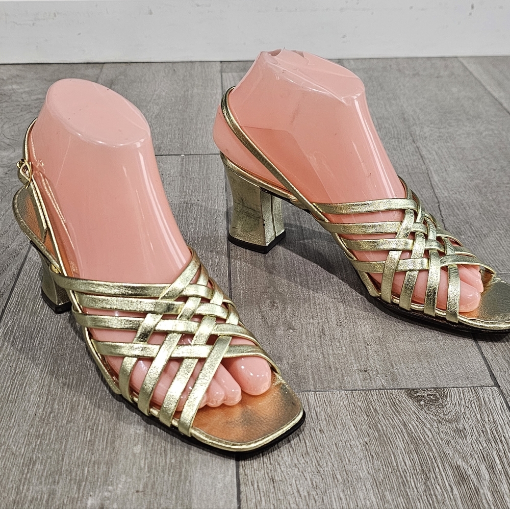 Vtg 60s 70s RINALDO FELSOTINI Metallic Gold GoGo Mod Sandals Heels 7.5M